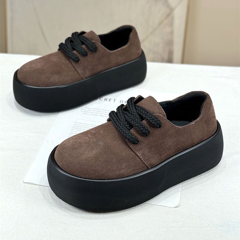 Retro Style Nubuck Leather Platform Shoes 2025 Spring New Thick-Soled Heightening Casual Shoes British Style Round-Toe Loafers - Image 1